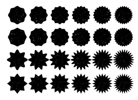 Set of transparent star shapes, black color and grunge texture. Sale or discount stickers, icons, badges. Stars with different number of rays, with round and pointed verticesのイラスト素材
