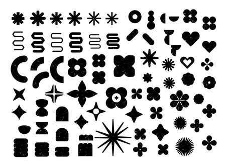 Large set of assorted shapes; black shapes with grunge texture. Sale or discount stickers, icons, badges. Vectorized abstract shapesの写真素材