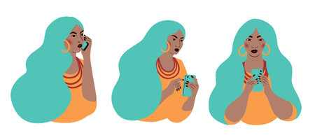 Pack of Illustrations icons of modern young woman. Graphic resource, woman with mobile phone, contemporary styleのイラスト素材