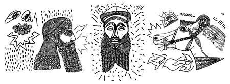 Graphic resources of hand-drawn Mesopotamian-inspired illustrations. Illustration of classic line sculptures for t-shirt prints, posters, stickersのイラスト素材