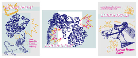 Graphic resources of three designs inspired by Mesopotamia. Real illustrations of classic line sculptures for t-shirt prints, posters, stickersのイラスト素材