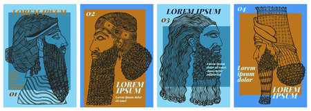 Graphic resources. Four designs with inspiration from Mesopotamia. Real illustrations of classical sculptures of busts of classical statues, resource for T-shirt prints, posters, stickersのイラスト素材