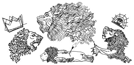 Hand drawn mesopotamian inspired lion illustration graphic resources. Line sculpture illustration for t-shirt prints, posters, stickersのイラスト素材