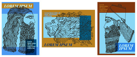 Graphic resources of three Mesopotamian inspired designs. Real illustrations of classic line sculptures for T-shirt prints, posters, stickers. Bust and lion headのイラスト素材