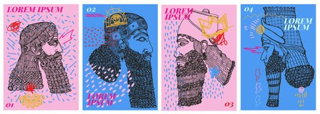 Graphic resource. Four contemporary poster designs. Illustrations of classic sculptures with doodles, fresh abstract shapes, fresh, fresh and fun. Design with cheerful colors typeのイラスト素材