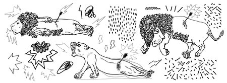 Graphic resources with contemporary style of illustrations, lions and hand drawn graphic resources. Line sculpture illustration for t-shirt prints, posters, stickersのイラスト素材