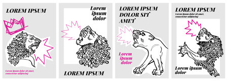Graphic resources of four Mesopotamian inspired designs. Real illustrations of classic sculptures of lion heads for t-shirt prints, posters, stickersのイラスト素材