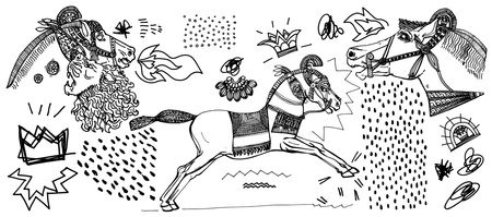 Graphic resources, contemporary style, hand drawn Mesopotamian inspired illustrations of horses. Line sculpture illustration for t-shirt prints, posters, stickersのイラスト素材