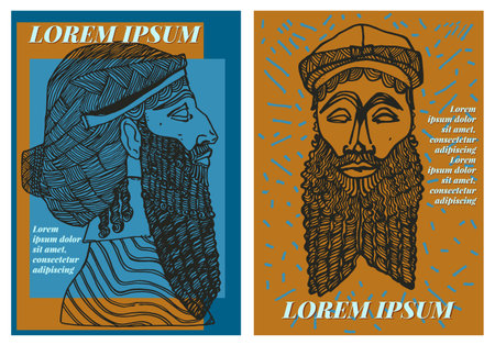 Graphic resources of two Mesopotamian inspired designs. Real illustrations of classic line busts for t-shirt prints, posters, stickersのイラスト素材