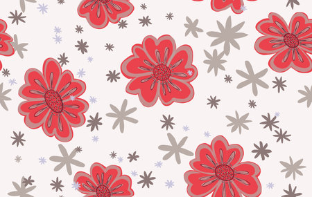 Vectorized pattern of red flowers and stars on grayish background, pattern for design backgrounds or prints, vector in christmas tonesのイラスト素材