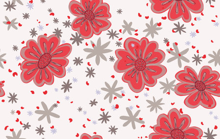 Vectorized pattern of red flowers, stars and red dots on grayish background, pattern for design backgrounds or prints, vector in christmas colorsのイラスト素材
