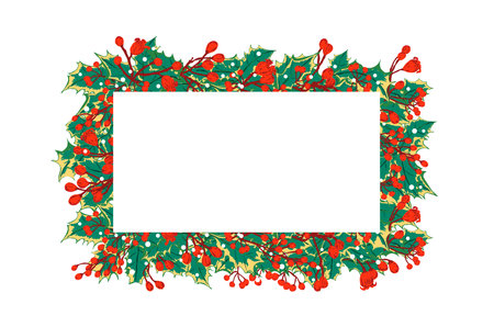 Background, banner or frame of Christmas leaves and fruits. Text space. christmas themeのイラスト素材