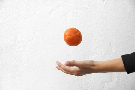 Front Shot of young hand throwing an organic tangerine in the air on a white and rustic wall. Copy Spaceの写真素材