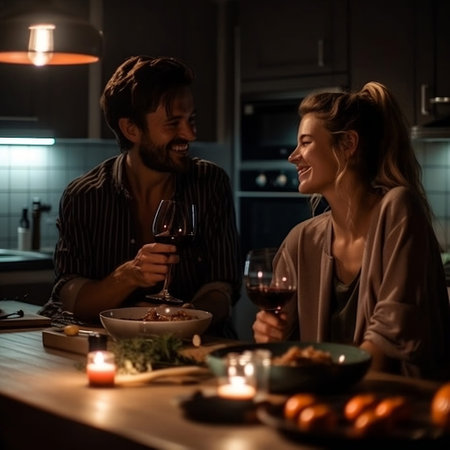 Happy young couple having romantic dinner in the kitchen at home. They are looking at each other and smiling.の素材