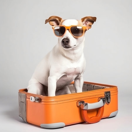 Jack russell terrier dog in sunglasses sits in an orange suitcase on a gray backgroundの素材