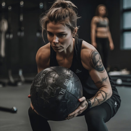 athletic tattooed sportswoman holding medicine ball in gym AI Generatedの素材