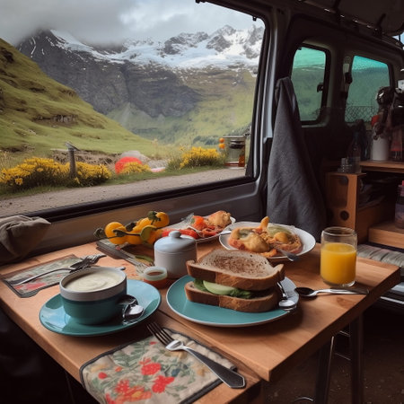 Breakfast in a campervan on the background of the mountainsの素材