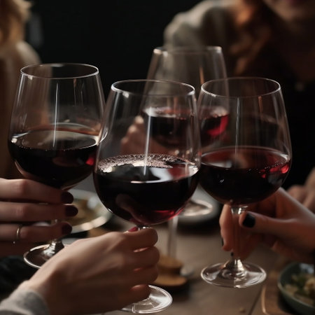 Group of friends toasting with red wine in restaurant, closeupの素材