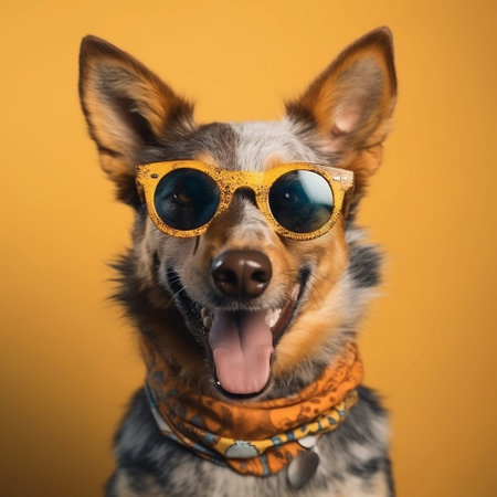 Portrait of a cute dog with sunglasses on an orange background.の素材