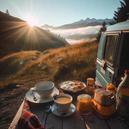Coffee and breakfast on a wooden table in front of campervanの素材