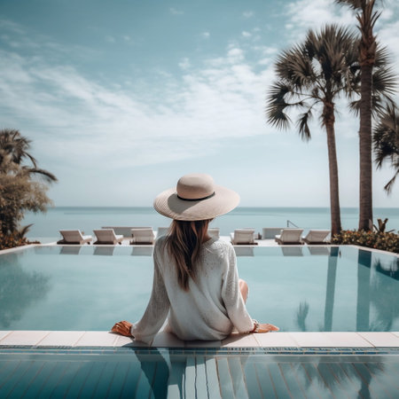 Beautiful woman in hat sitting on edge of swimming pool and looking at sea AI Generatedの素材