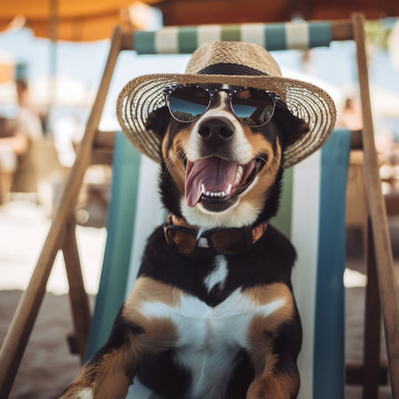 Happy dog in hat and sunglasses sitting on beach chair at summer vacationの素材