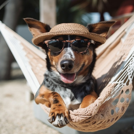 Funny dog in a hat and sunglasses lying in a hammockの素材