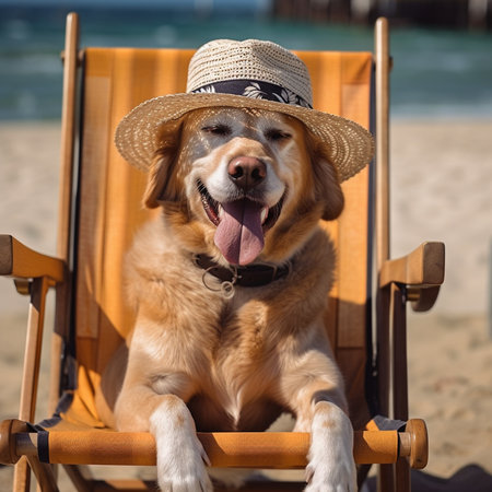 Golden retriever dog in a hat and sun lounger on the beachの素材