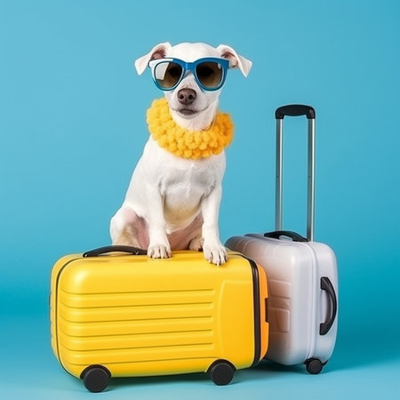 Jack russell terrier dog in sunglasses sits on a yellow suitcase on a blue backgroundの素材