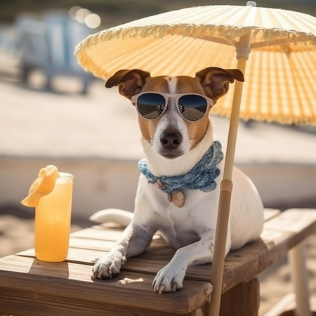 Dog in sunglasses on the beach. Jack russell terrier sits on a bench with a bottle of sunscreen and a straw hat.の素材