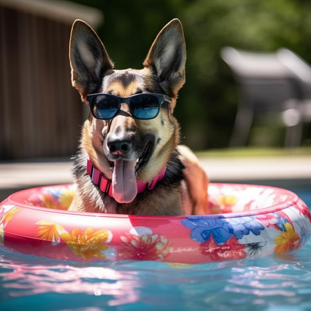 German shepherd dog swimming in a pool wearing sunglasses and having fun.の素材