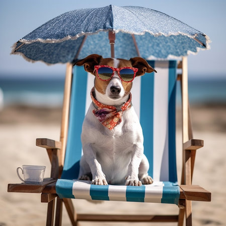 Jack russell terrier dog sitting on a deck chair with sunglasses and a beach umbrellaの素材