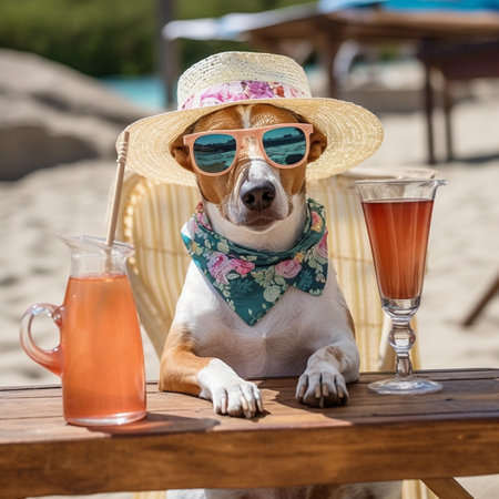 jack russell dog in a straw hat and sunglasses on the beachの素材
