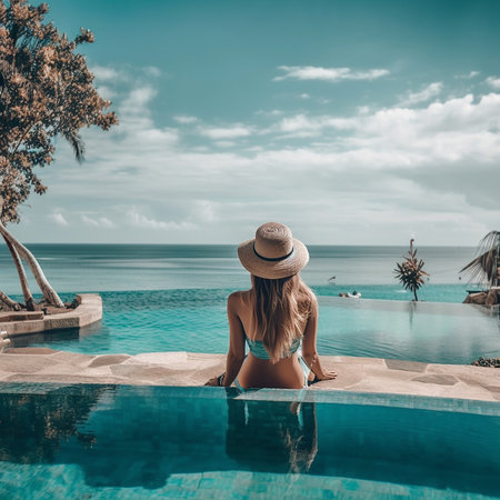 Beautiful young woman in bikini and hat relaxing near swimming pool at luxury resortの素材