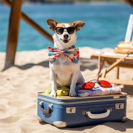 Chihuahua dog in sunglasses and a bow tie sits on a suitcase on the beach.の素材