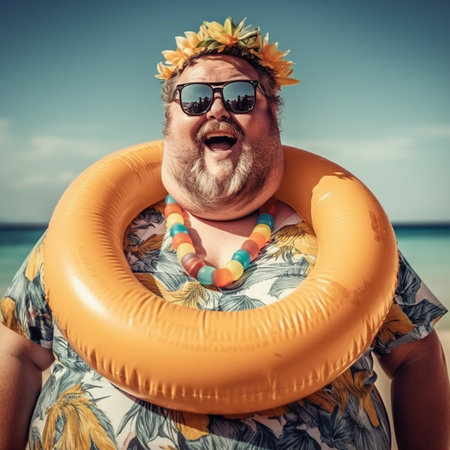 Funny senior man on the beach with inflatable ring and sunglassesの素材