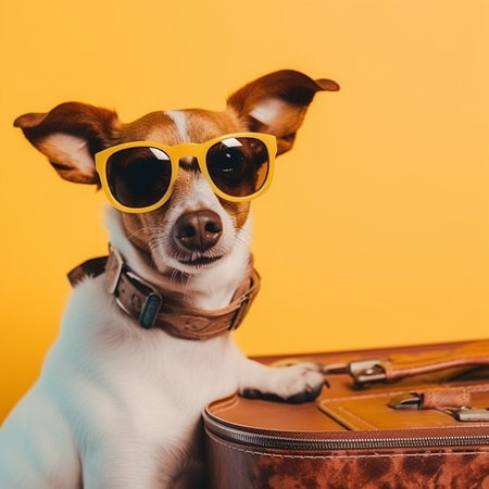 Portrait of a cute dog in sunglasses with a suitcase on a yellow backgroundの素材