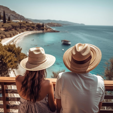 Back view of young couple in hats looking at beautiful sea view.の素材