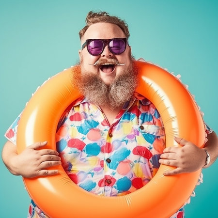 Bearded man in summer clothes and sunglasses with orange inflatable ring on blue backgroundの素材