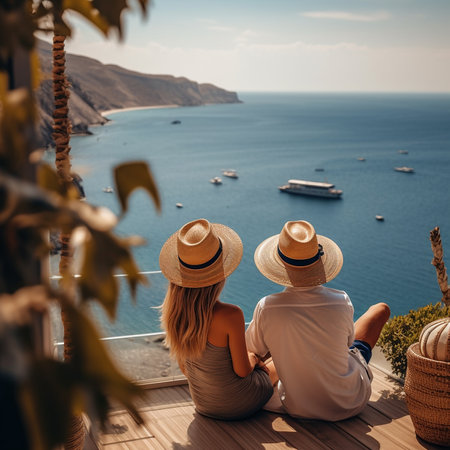 Couple sitting on terrace and looking at the seaの素材