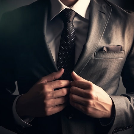 Businessman unbuttoning his suit on dark background. Close up.の素材
