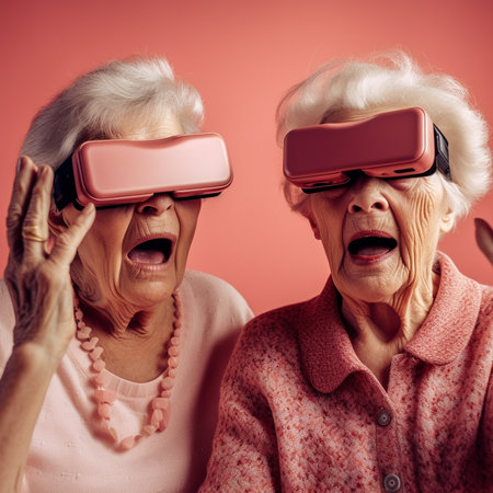 Surprised senior women wearing vr glasses and looking at cameraの素材