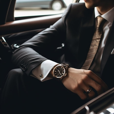 Businessman in suit sitting in luxury car and looking at wristwatch AI generatedの素材