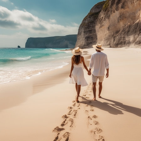 Couple in white clothes walking on the beach and holding hands AI generatedの素材