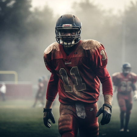 American football player in action on the field during a game. Low depth of field. AI generatedの素材