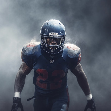 American football player in action on a dark smoky background with smoke. AI generatedの素材