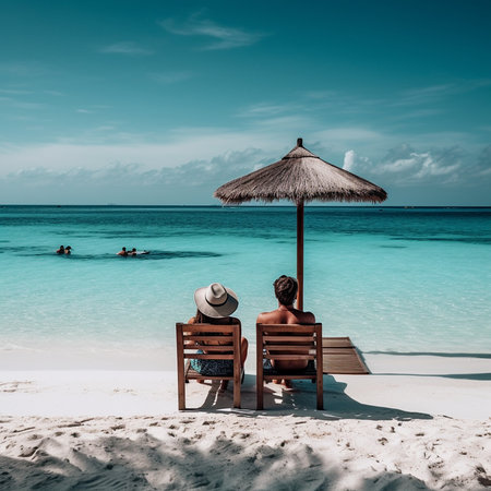 Couple sitting on the beach with umbrellas and sunbed. AI generatedの素材