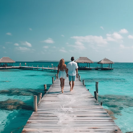 Couple walking on a wooden pier over turquoise sea. AI generatedの素材