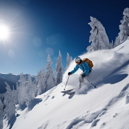 Skier skiing downhill in high mountains on sunny day. Ski resort. AI generatedの素材