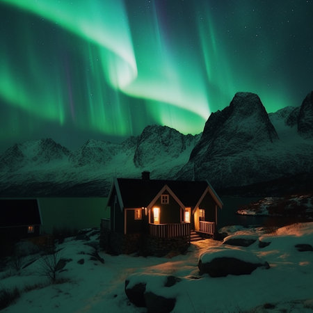 Aurora borealis, northern light over a house in winter. AI generatedの素材